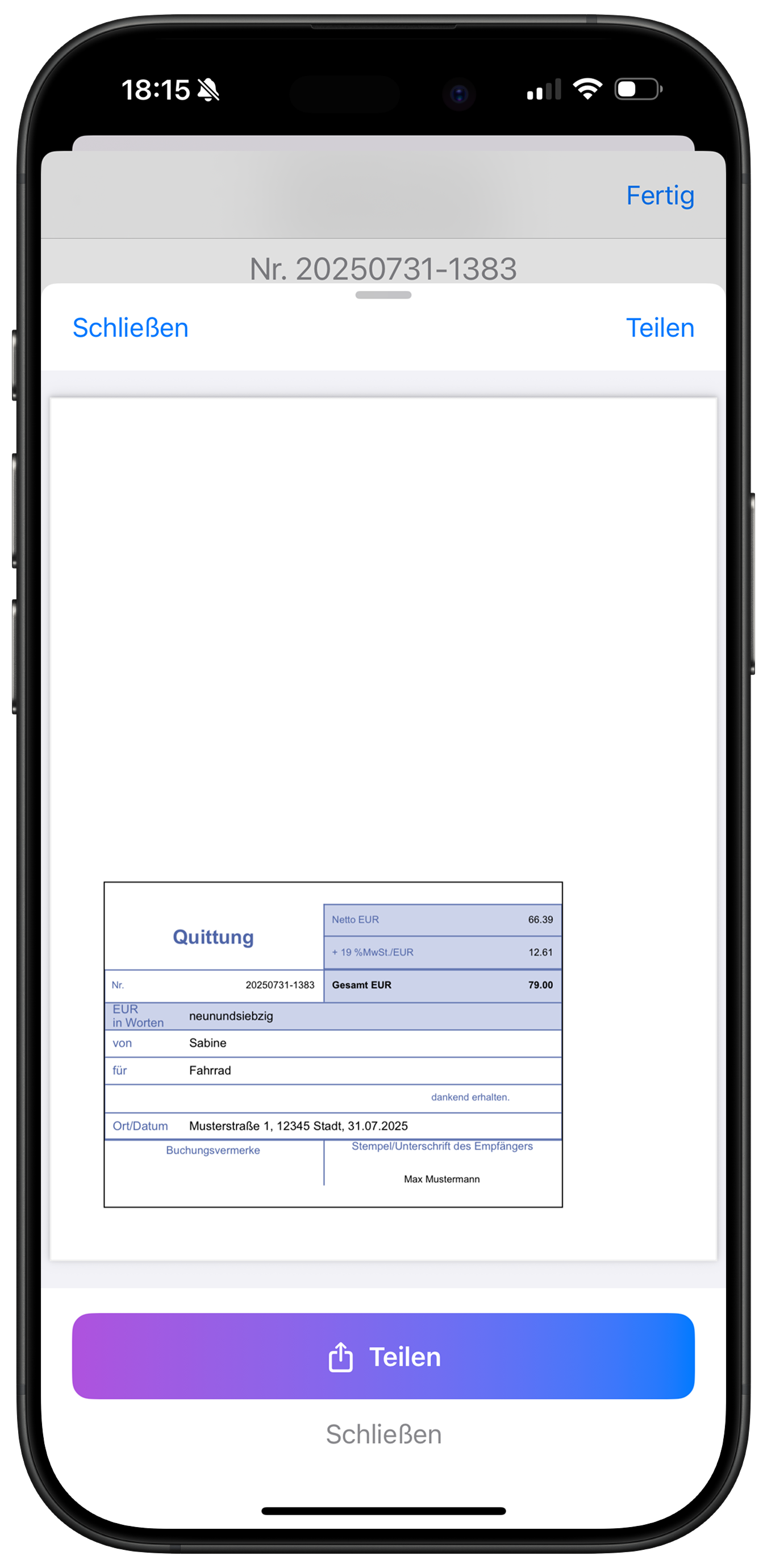 PDF-Ansicht der Quittung