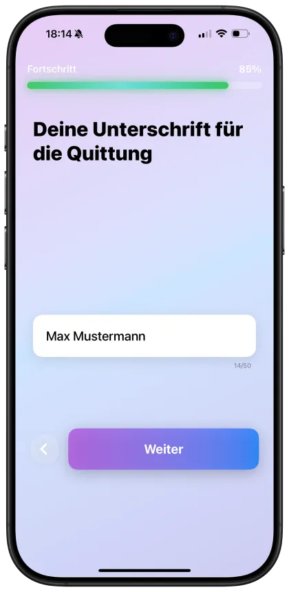 Unterschrift für die Quittung ergänzen