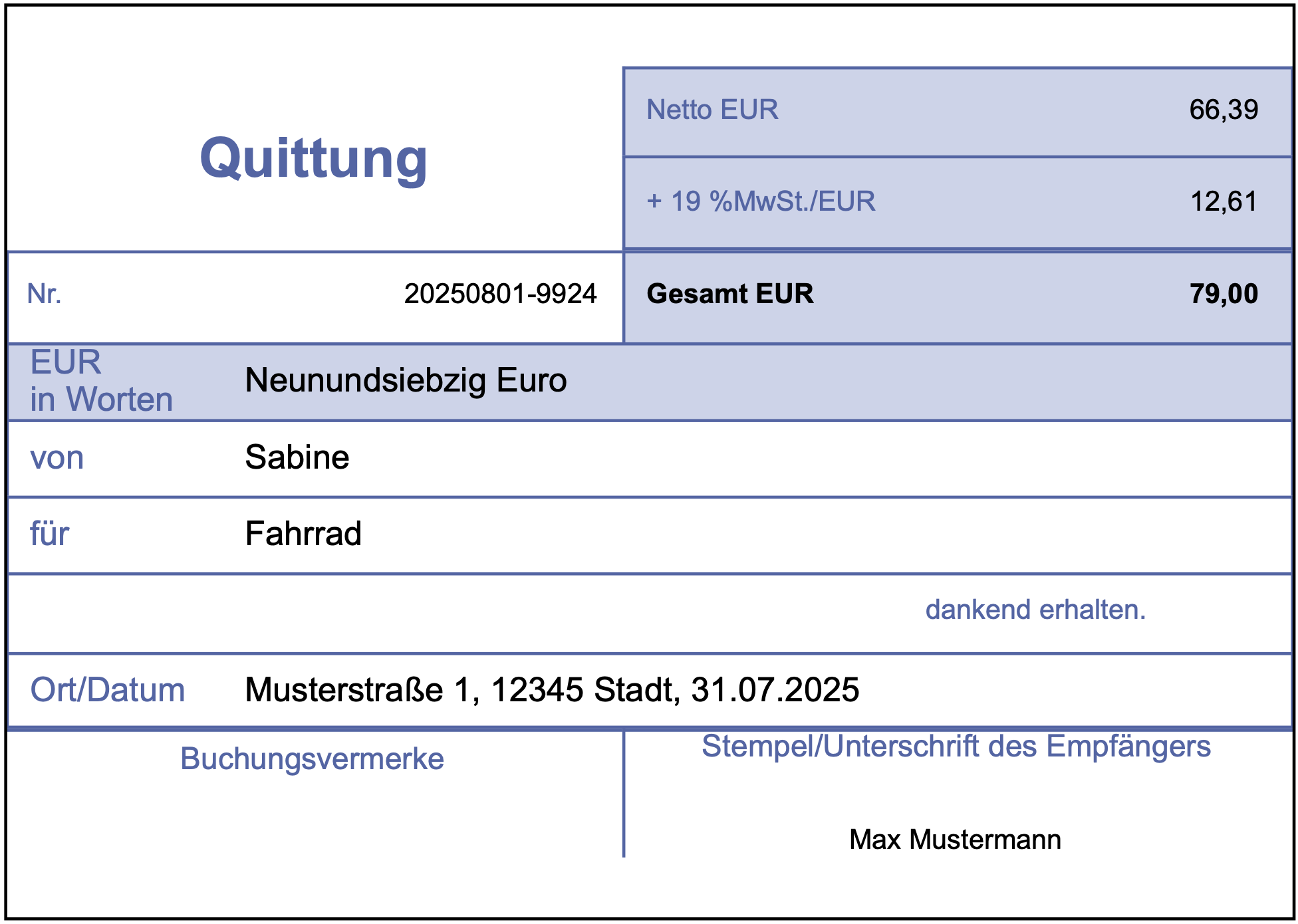 Beispiel einer Quittung