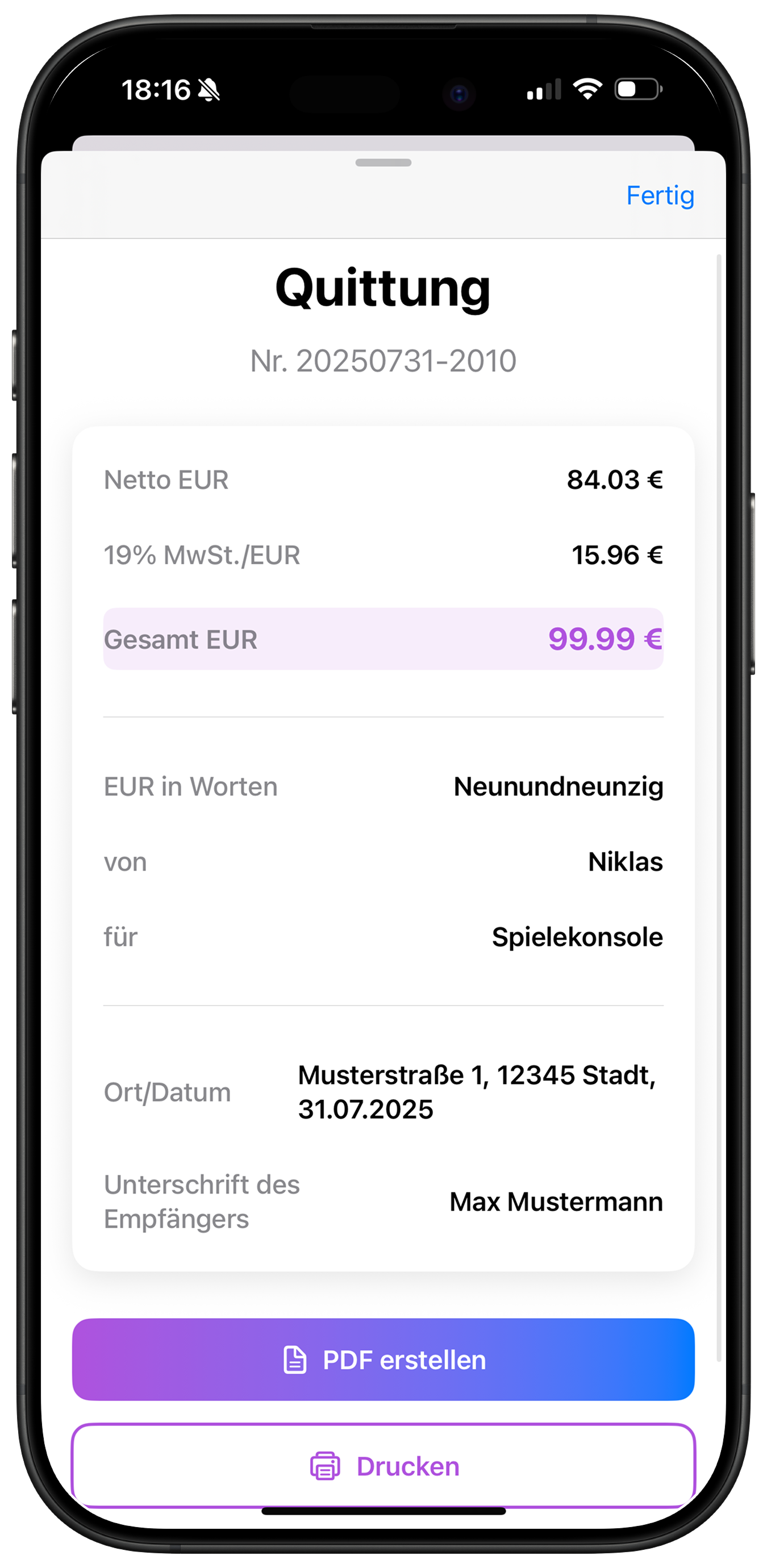 Datenvorschau der Quittung