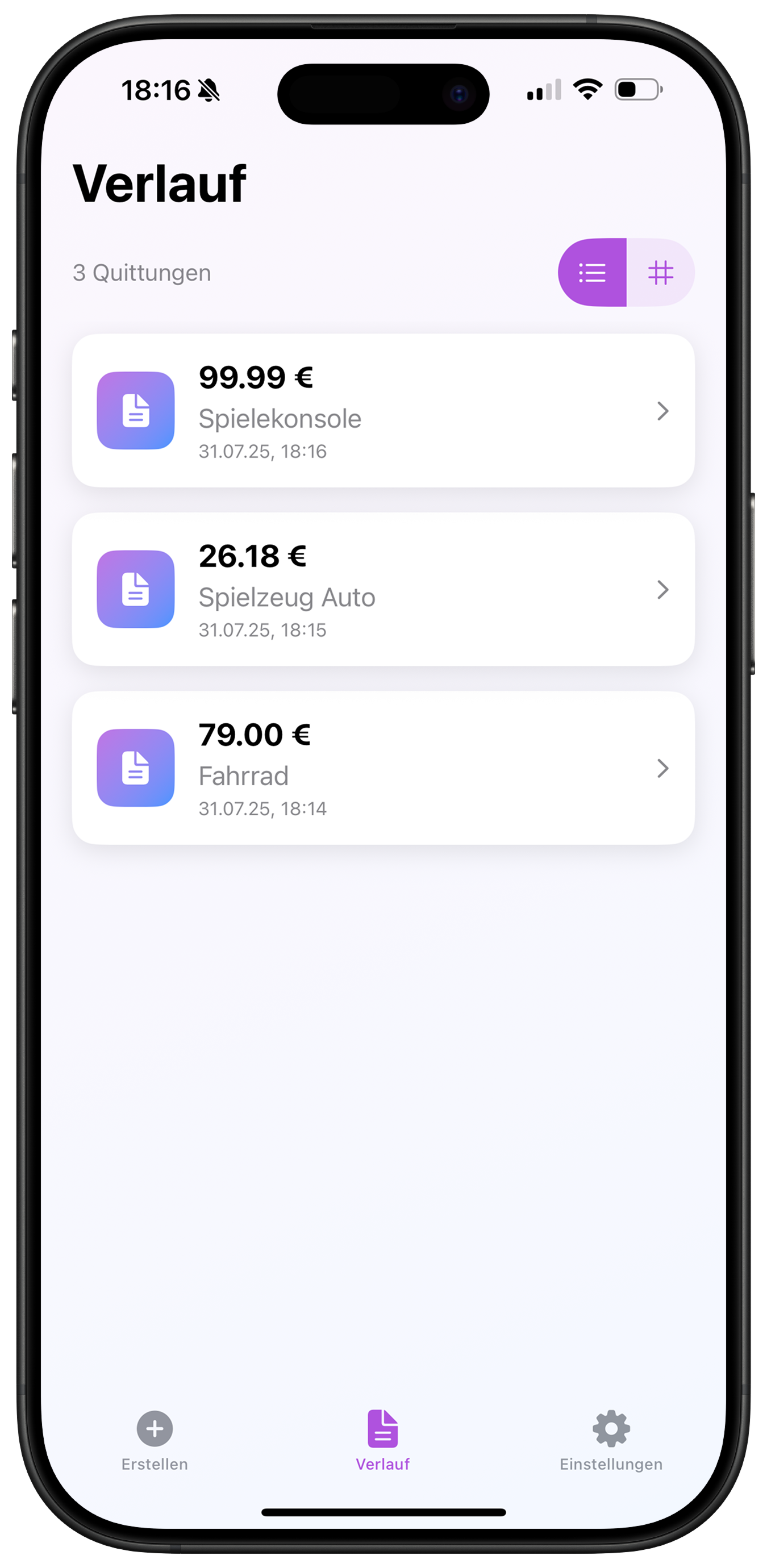 Verlauf deiner Quittungen